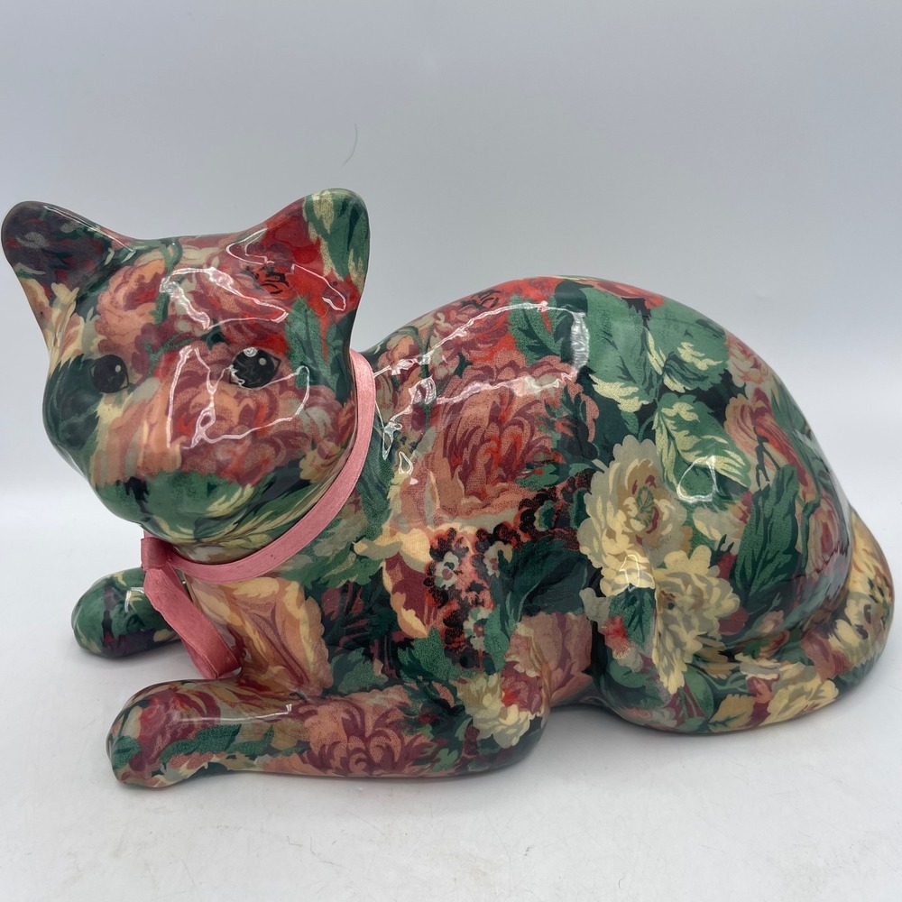 Vtg Cat Figurine Floral Patchwork Decoupage Kitty Statue Art Grandmacore Grammie